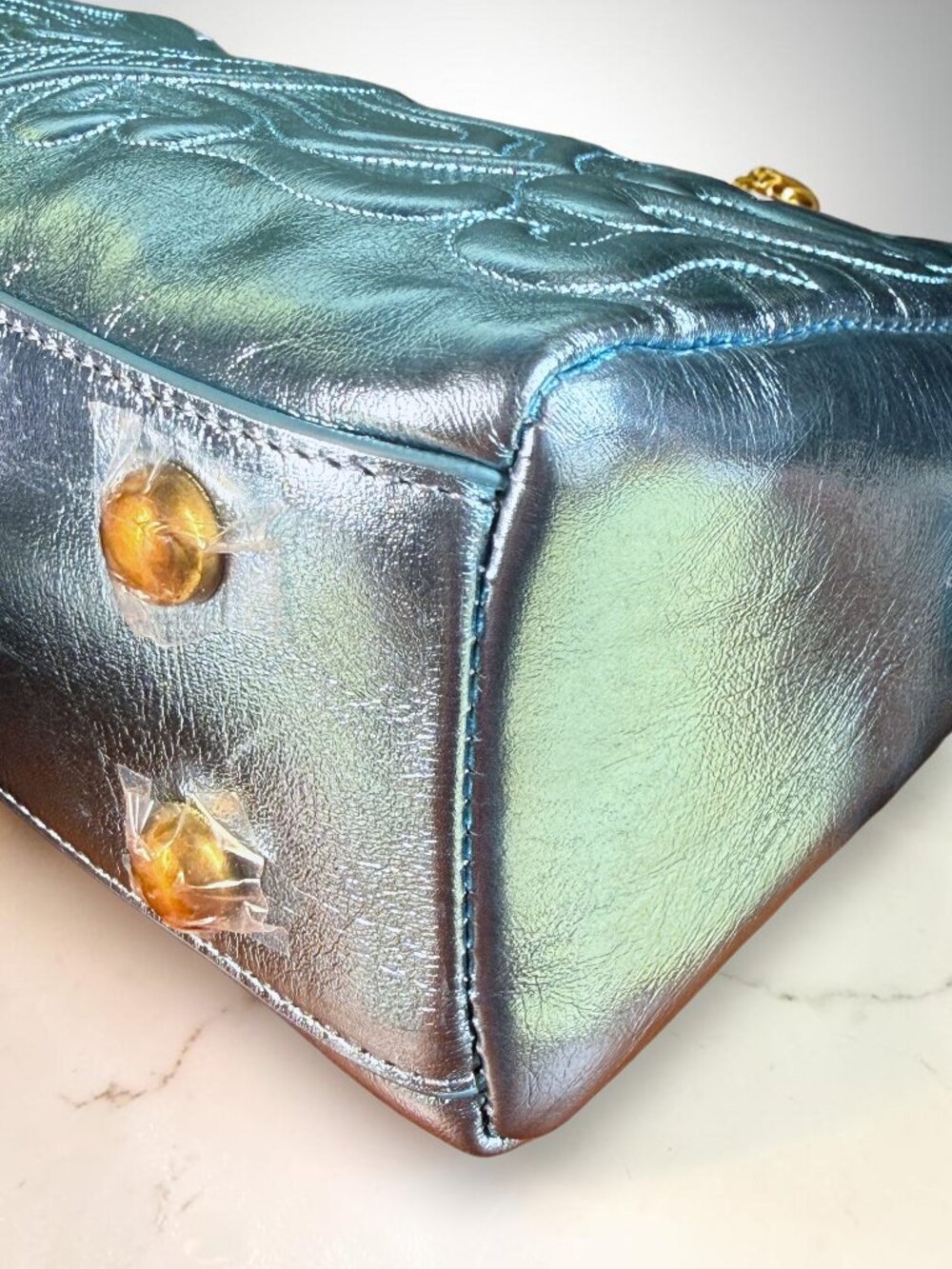Sharif 1827 Metallic Peacock Blue Embossed Leather Crossbody Shoulder Bag - Picture 12 of 13